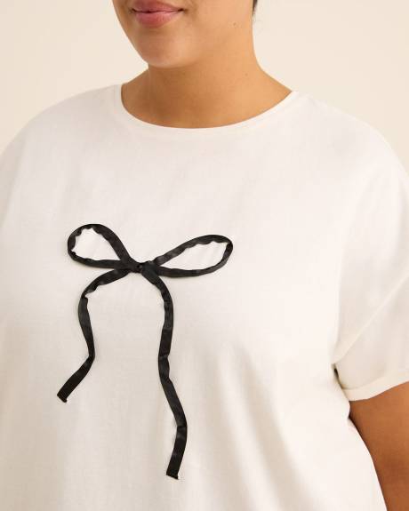 Boxy-Fit Short-Sleeve Crewneck Pyjama Tee with Satin Bow Appliqué - ti Voglio