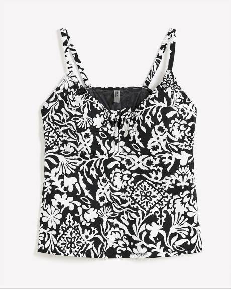 Tankini noir et blanc à motif avec encolure froncée