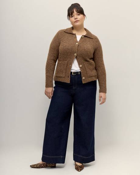 Boucle Knit Cardigan with Shirt Collar - Addition Elle