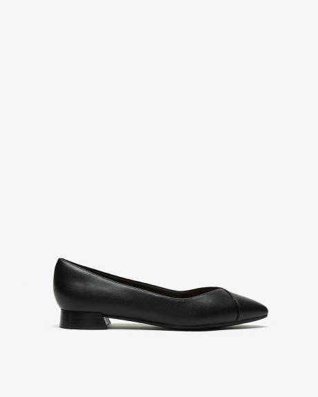 Wide Width, Black Leather Pointed Shoe with Low Block Heel - Clarks