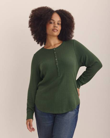 Long-Sleeve Pointelle Ribbed Knit Henley Top