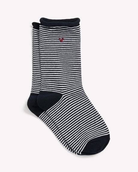 Black and White Striped Crew Sock with Rolled Edges and Small Heart