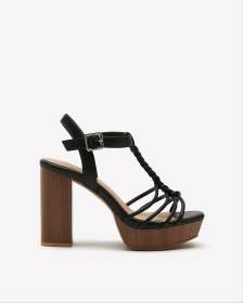 Sandale noire à brides avec talon bloc haut, pied très large