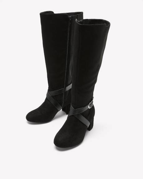 Extra Wide Width, Black Tall Heeled Boot with Wraparound Buckle