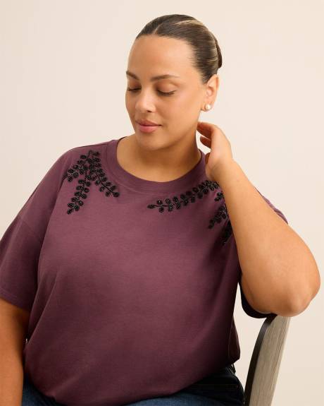 Crewneck Knit Top with Leaf Rhinestone Embellishment