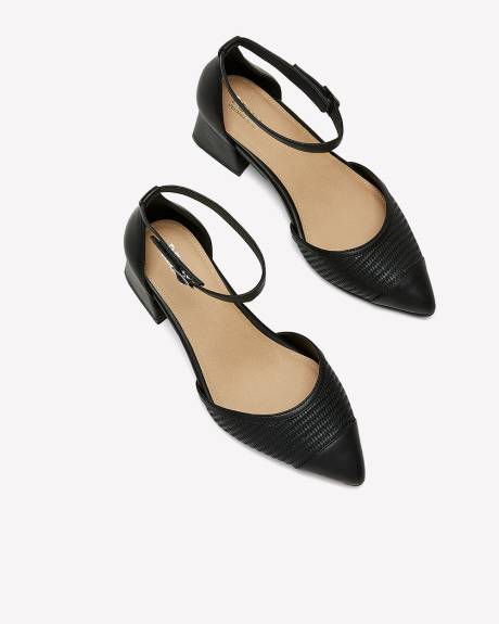 Extra Wide Width, Black Pointed Toe Ankle Strap Block Heel Shoe