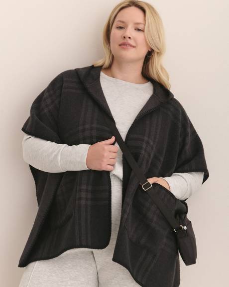 Black Plaid Hooded Cape with Pockets