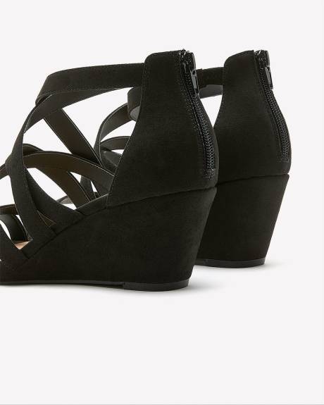 Extra Wide Width, Black Faux Suede Strappy Wedge Sandal