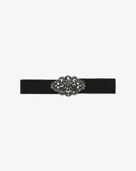 Black Elastic Belt with Large Jewel Stone Buckle