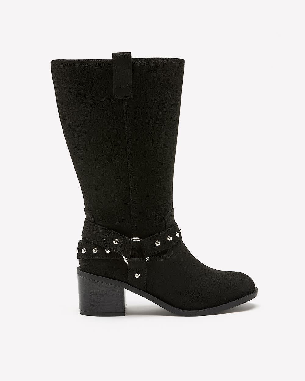 Extra Wide Width, Black Mid-Calf Boot with Studded Harness