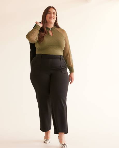 Floral Lace Knit Top with Smocking Mock Neckline