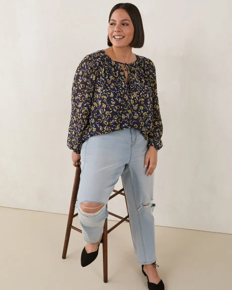 Printed Popover Blouse With Neck Ties - In Every Story