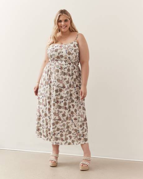 Robe longue fleurie cintrée et évasée, tissu responsable