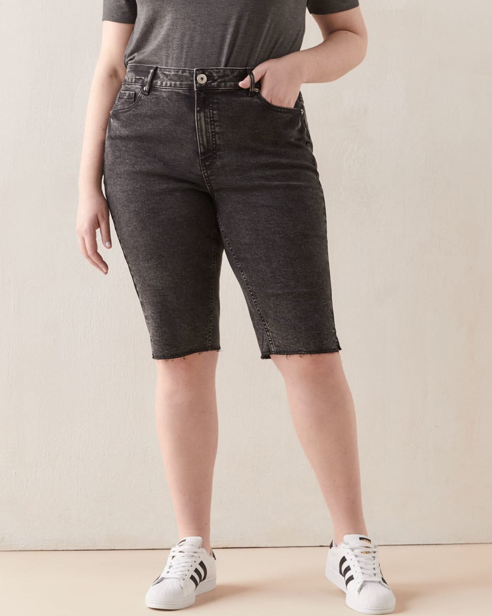 Denim Pedal Pusher Short, Black - Addition Elle