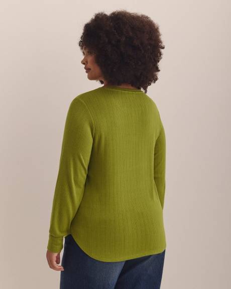 Long-Sleeve Pointelle Ribbed Knit Henley Top