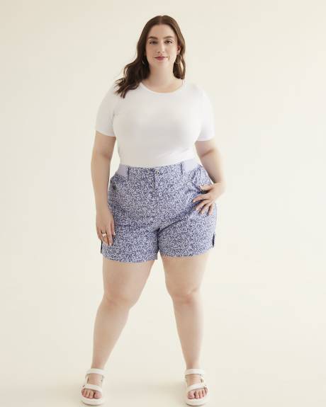 Short en coton fleuri avec taille côtelée