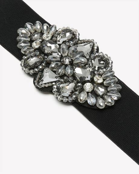 Black Elastic Belt with Large Jewel Stone Buckle