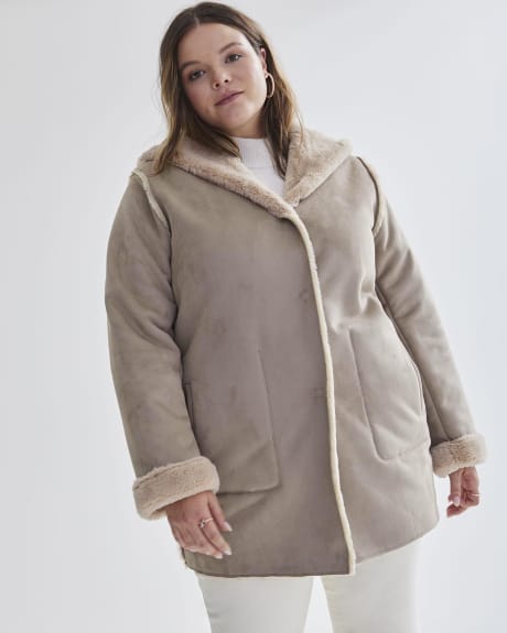 Hooded Faux Suede/Faux Fur Reversible Coat - Addition Elle