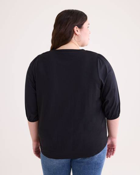Crew-Neck Knit Top with Puffy-Sleeves