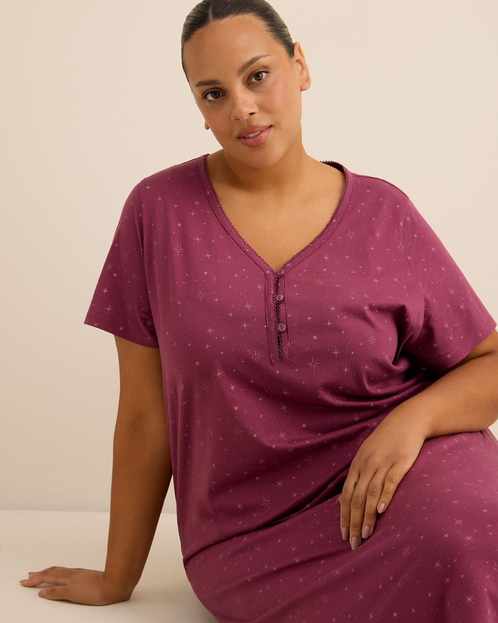Long Purple Short-Sleeve Knit Sleepshirt with Star Print - ti Voglio Long Purple Short-Sleeve Knit Sleepshirt with Star Print - ti Voglio