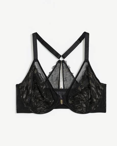 Black Satin Front-Closure Plunge Bra with Gold Lace - Déesse Collection