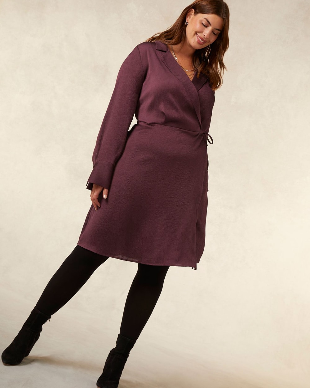 Satin Wrap Dress with Long Sleeves - Addition Elle