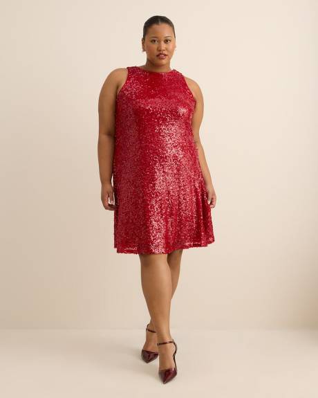 Red Flared Sleeveless Sequins Dress with Back Bow