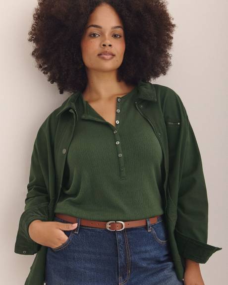 Long-Sleeve Pointelle Ribbed Knit Henley Top