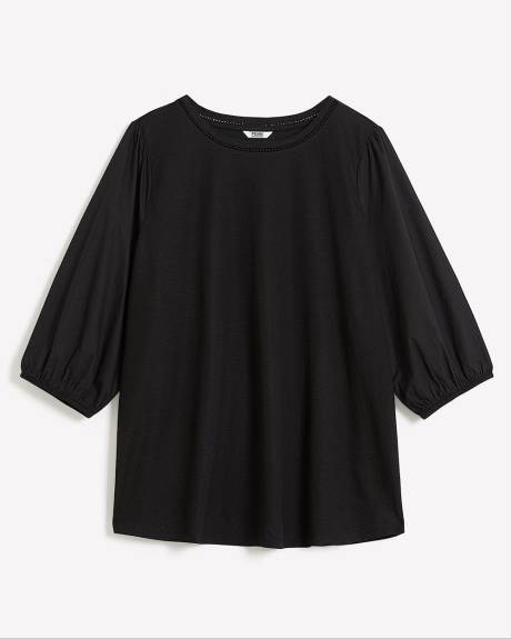 Crew-Neck Knit Top with Puffy-Sleeves