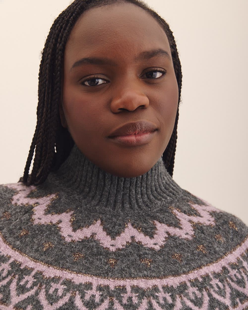 Grey Mock-Neck Sweater with Metallic Fair Isle Print Grey Mock-Neck Sweater with Metallic Fair Isle Print