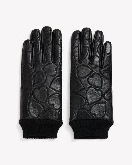 Black Heart-Textured Leather Gloves with Knit Cuffs