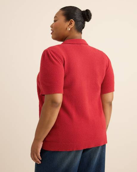 Red Plush Polo Sweater with Fancy Buttons