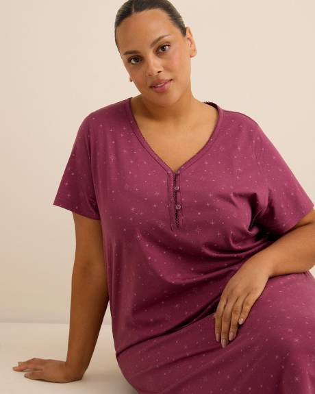 Long Purple Short-Sleeve Knit Sleepshirt with Star Print - ti Voglio Long Purple Short-Sleeve Knit Sleepshirt with Star Print - ti Voglio