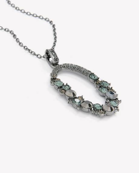 Long Necklace with Black Stone Oval Pendant