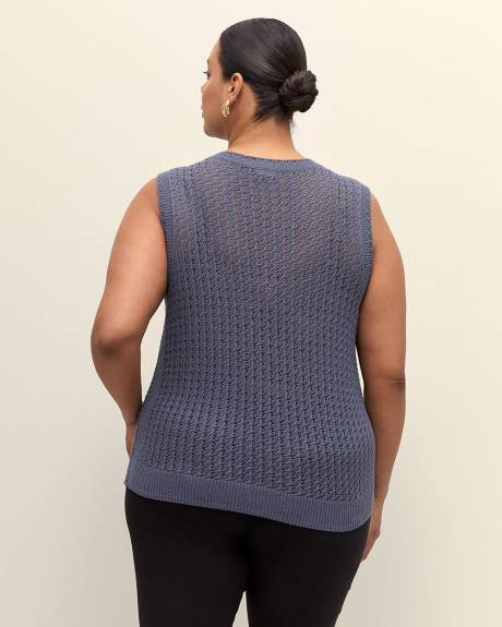 Sleeveless Cotton Sweater with Crochet Ribbed Bands