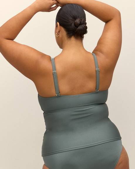 Green V-Neck Shirred Tankini Top with Braided Detail