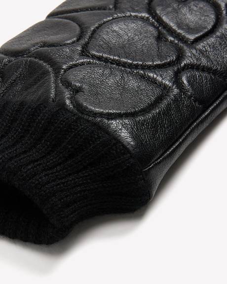 Black Heart-Textured Leather Gloves with Knit Cuffs