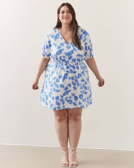 Robe imprimée feuille avec smocks, mélange de lin