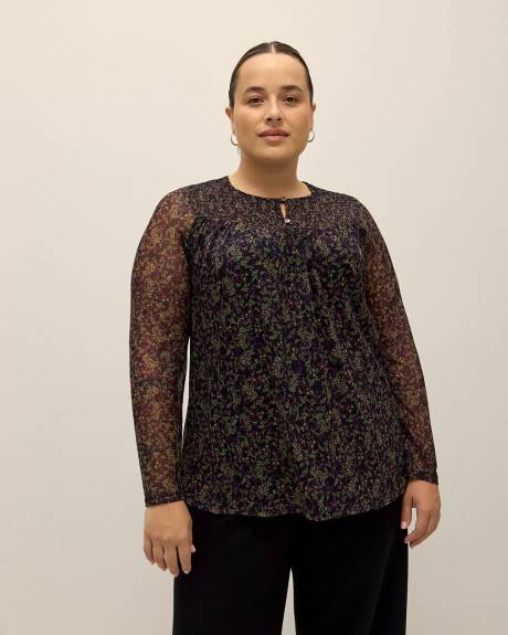 Long-Sleeve Mesh Top with Smocking
