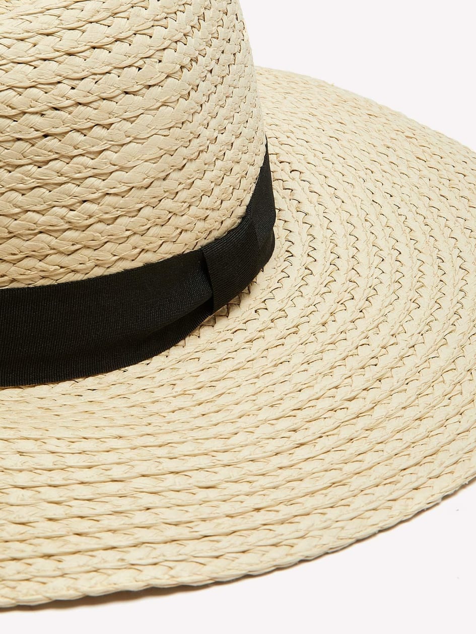 Wide-Rim Straw Hat with Black Grosgrain Tape