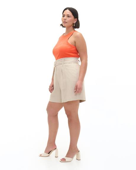 Beige Belted Linen Blend Short - Addition Elle