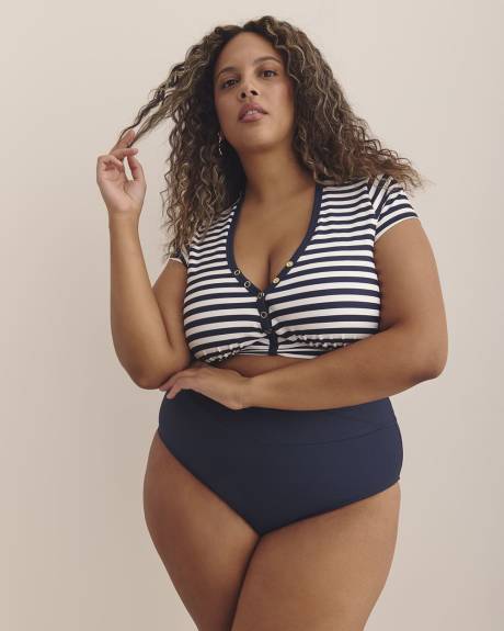 Blue Stripe Cap-Sleeve Longline Bikini Top