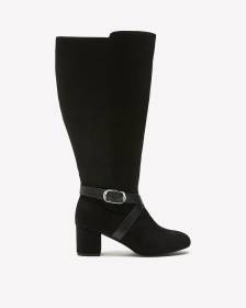 Extra Wide Width, Black Tall Heeled Boot with Wraparound Buckle