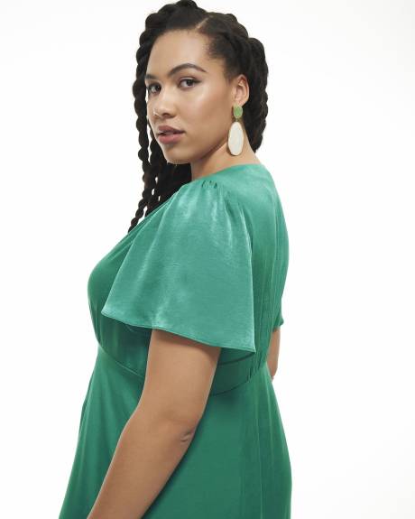 Satin Buttoned Midi Dress with Flutter Sleeves - Addition Elle
