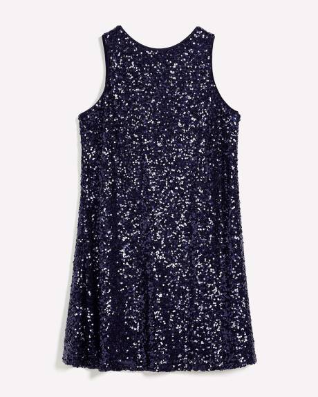 Flared Sequined Sleeveless Dress with Back Bow