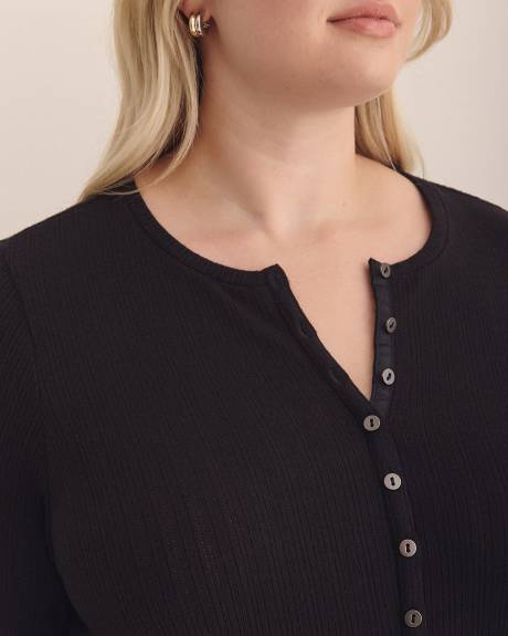 Long-Sleeve Pointelle Ribbed Knit Henley Top