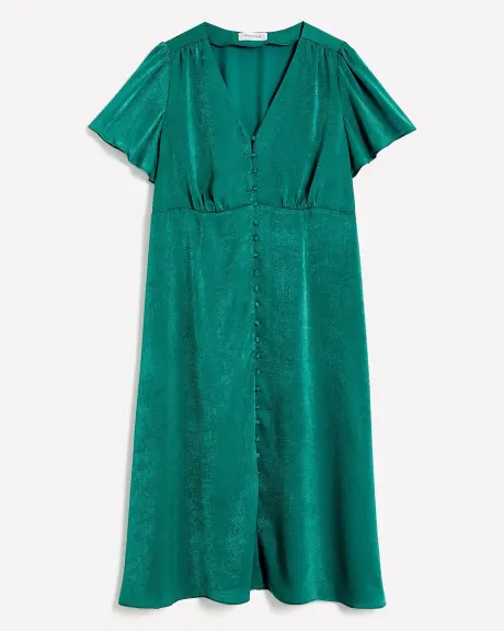 Satin Buttoned Midi Dress with Flutter Sleeves - Addition Elle