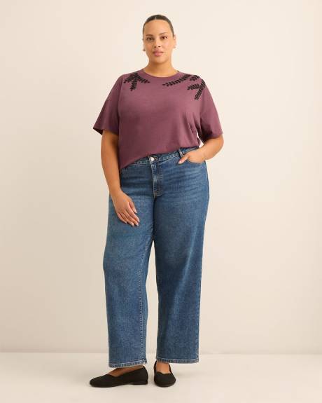 Crewneck Knit Top with Leaf Rhinestone Embellishment