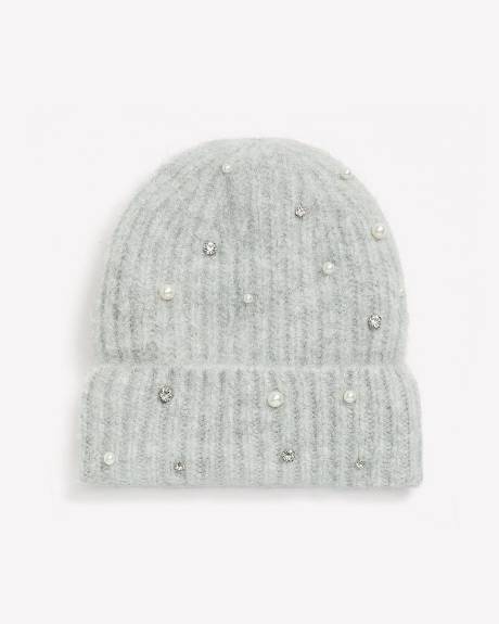 Ribbed Knit Cuff Beanie with Fleece Lining and Decorative Pearls