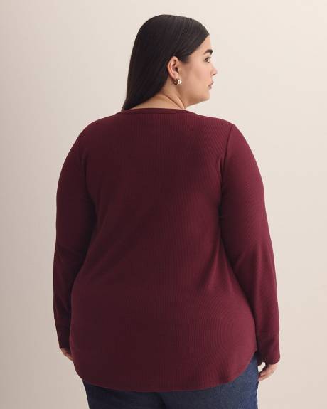 Long-Sleeve Split-Neck Waffle Knit Top